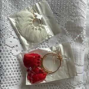 Set of Red and White Tassel Hoop Earrings